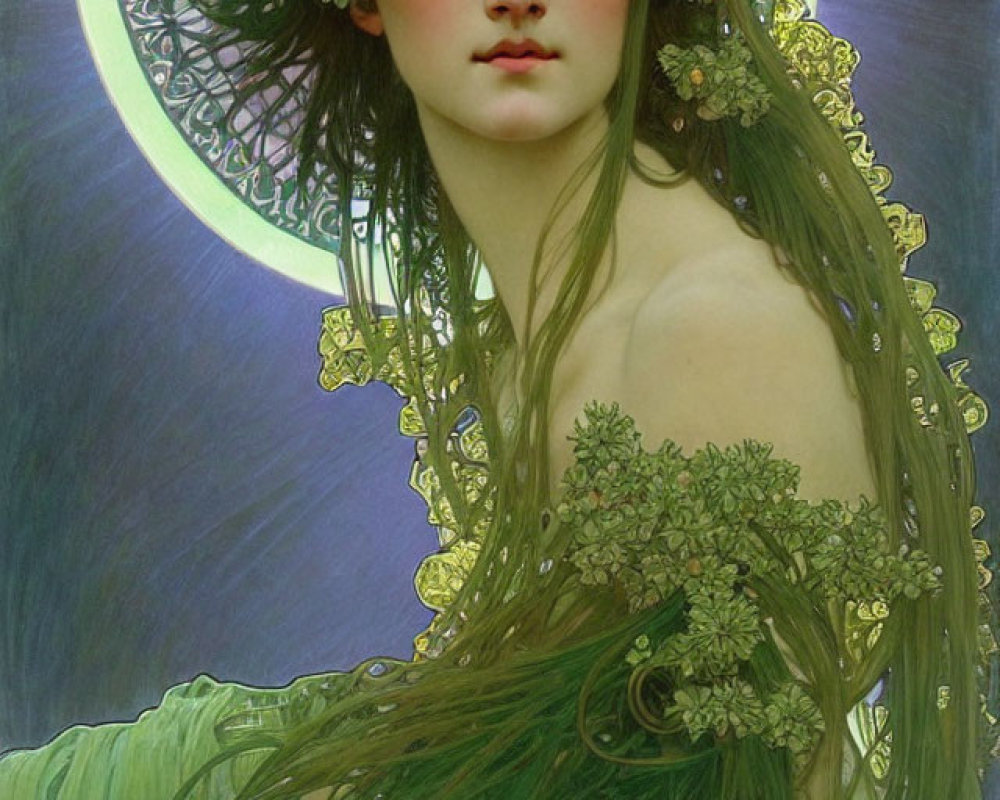 Portrait of a woman with green hair and flowers in a halo, under moonlight