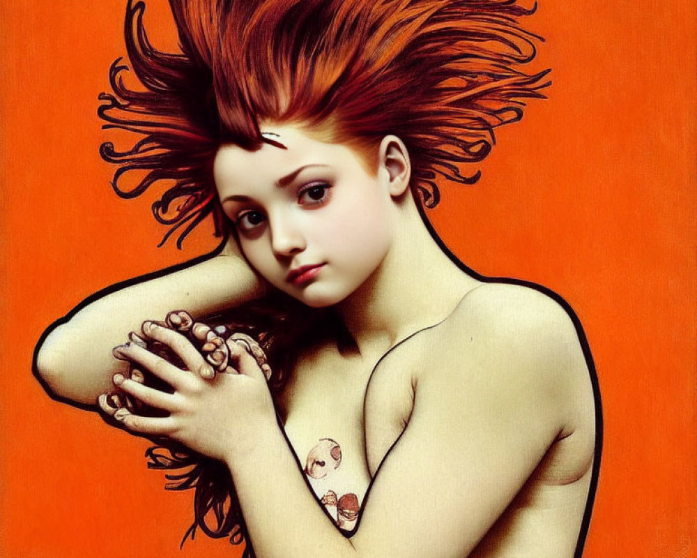 Vivid red hair girl with tattoo on shoulder against orange background