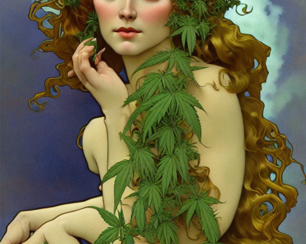 Serene woman with cannabis crown and foliage against sky backdrop