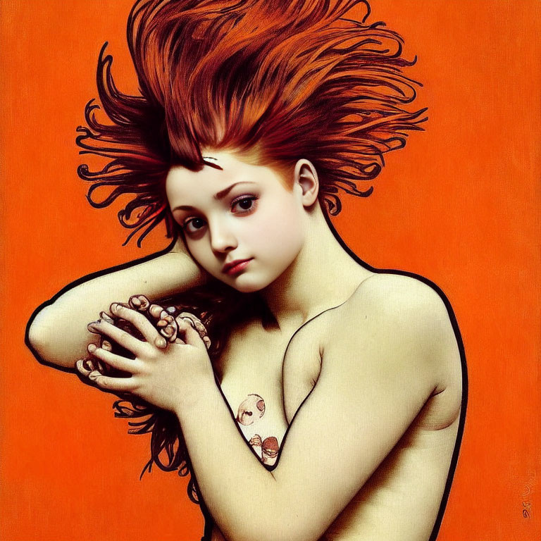 Vivid red hair girl with tattoo on shoulder against orange background