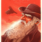 Illustrated portrait of bearded old man with birds on head and shoulder against red background