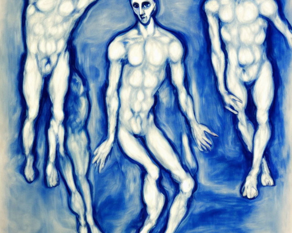 Expressionist Painting: Three Pale Blue Male Figures