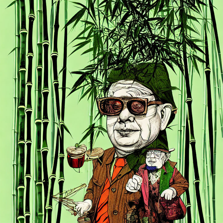 Stylish man with sunglasses in green bamboo forest holding a drink