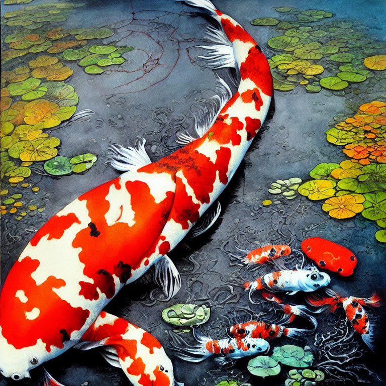 Colorful Koi Fish Swimming Among Lily Pads in Pond