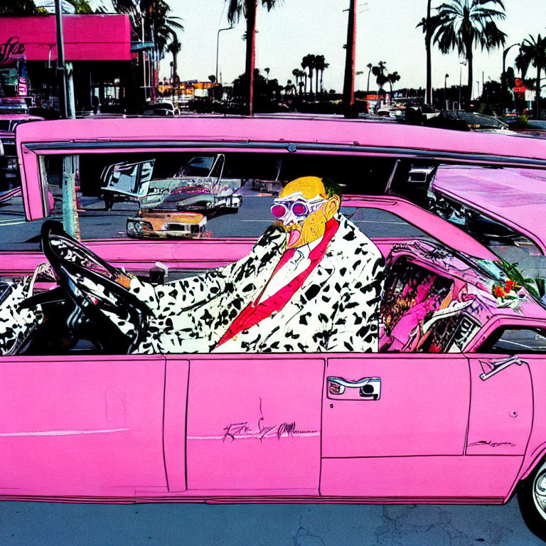 Stylized image of person in cow-print jacket driving pink convertible
