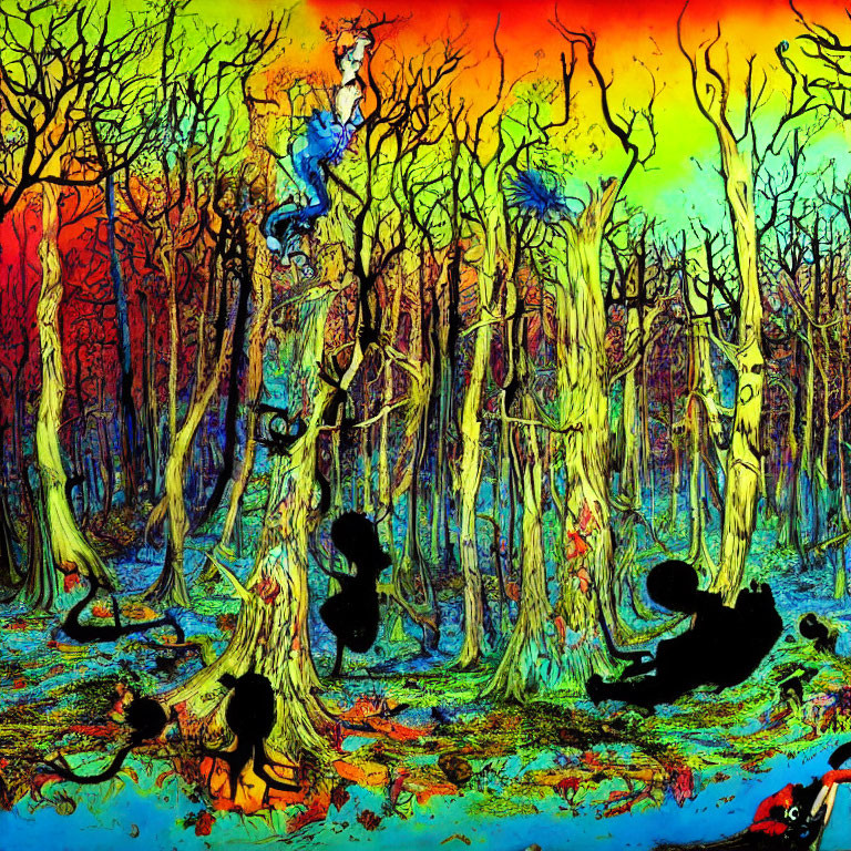 Vibrant psychedelic forest illustration with twisted trees and rainbow colors