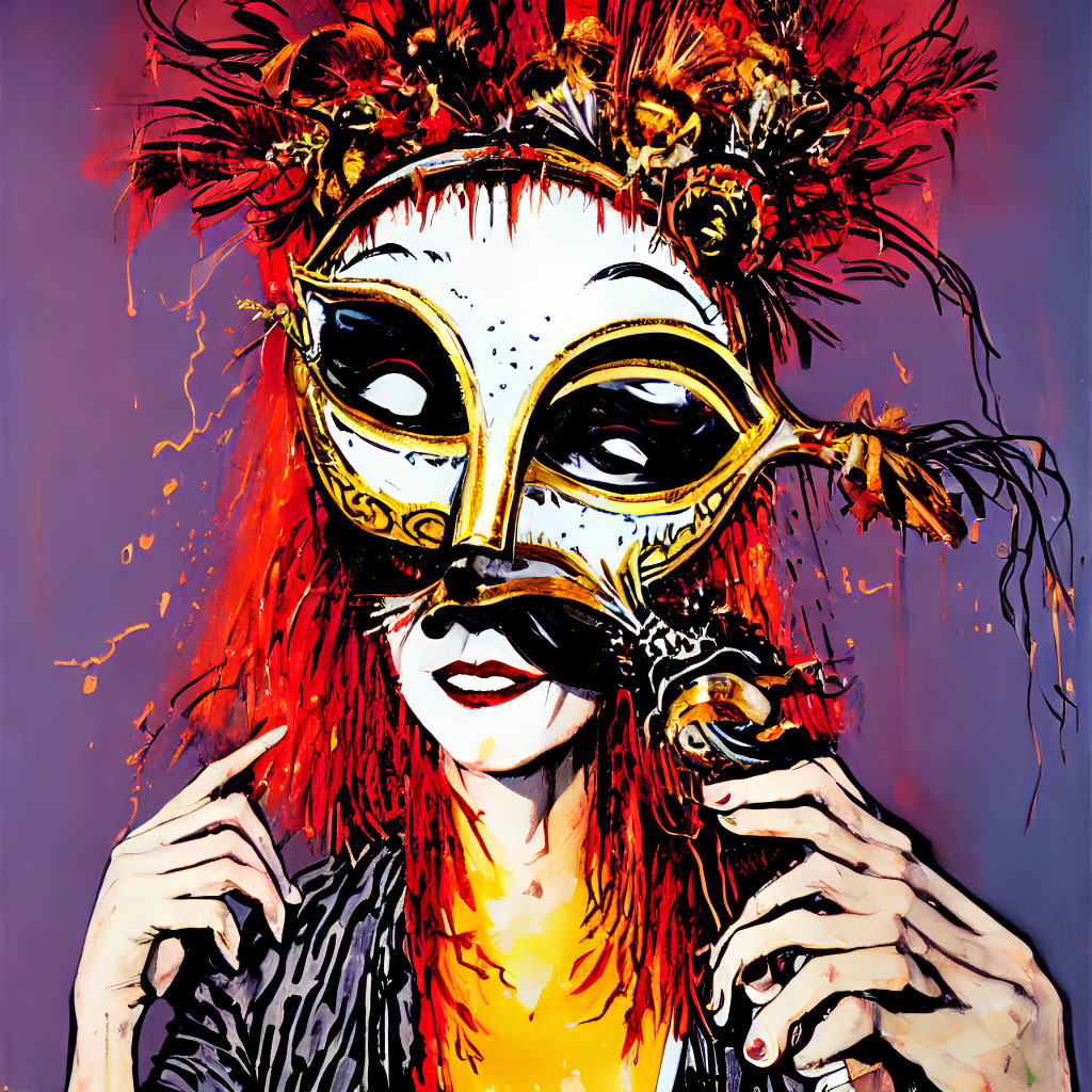 Colorful painting of person in golden mask with feathers against purple and red backdrop
