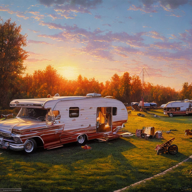 Vintage Car Towing Classic Caravan in Sunset Campsite