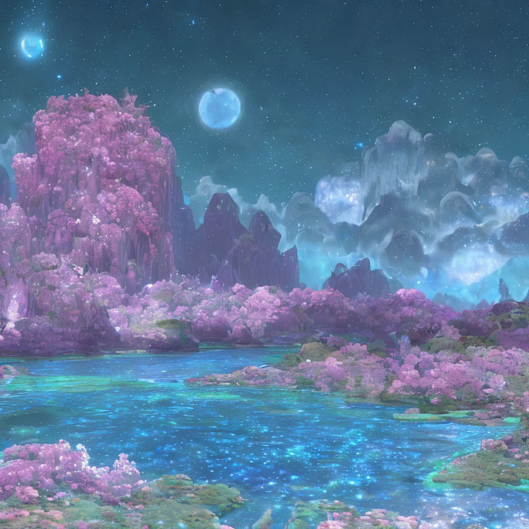Fantastical landscape with pink flora, turquoise waters, and twin moons