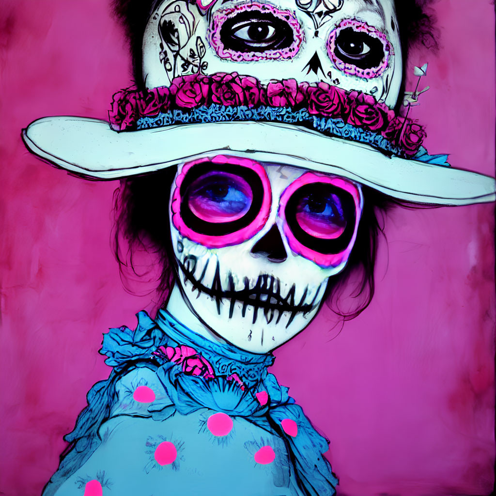 Colorful Skull Face Paint Person with Flowered Hat on Pink Background