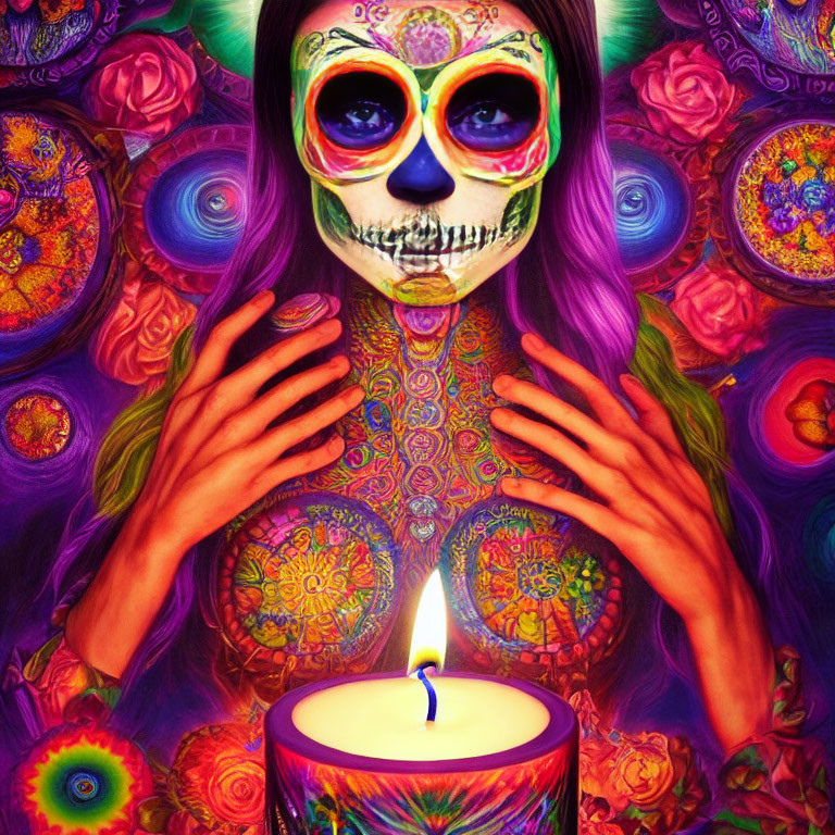 Colorful Artwork: Person with Skull Face Paint, Purple Hair, Candle, and Floral Patterns