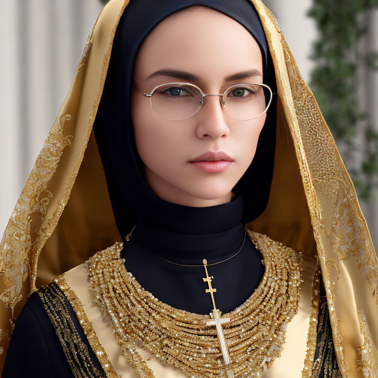 Woman in glasses wearing black hijab and cross necklace over traditional attire