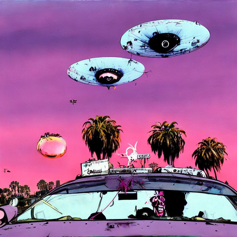 Surreal flying saucers and skull car in pink sky illustration