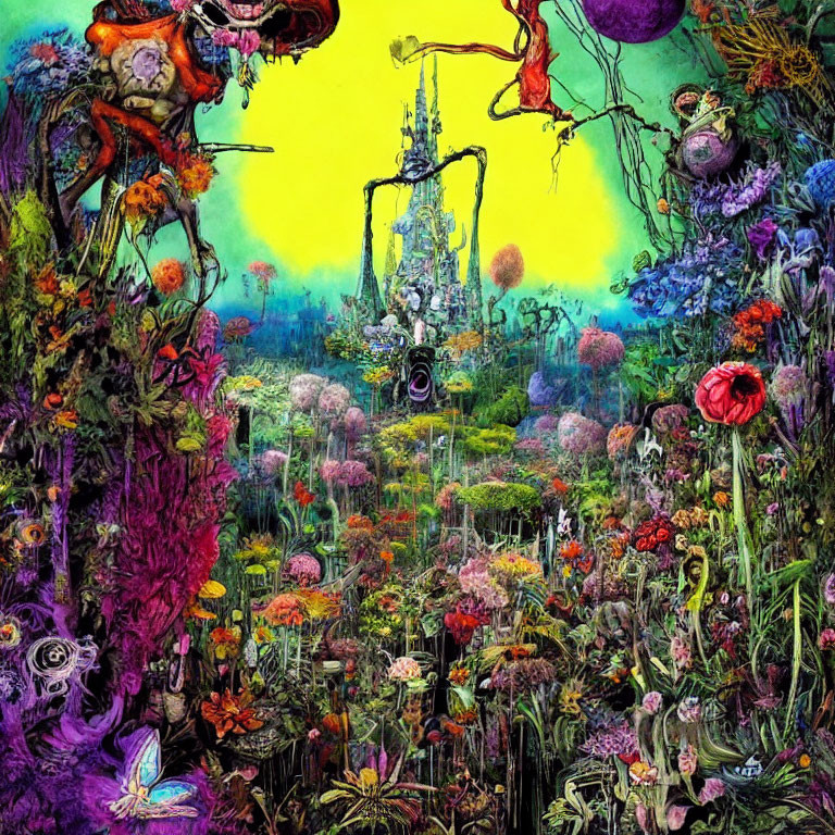 Colorful Psychedelic Garden Illustration with Flowers, Plants, Insects, and Castle