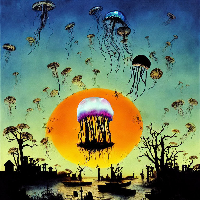 Colorful Jellyfish Artwork with Twilight Sky and Silhouetted Figures