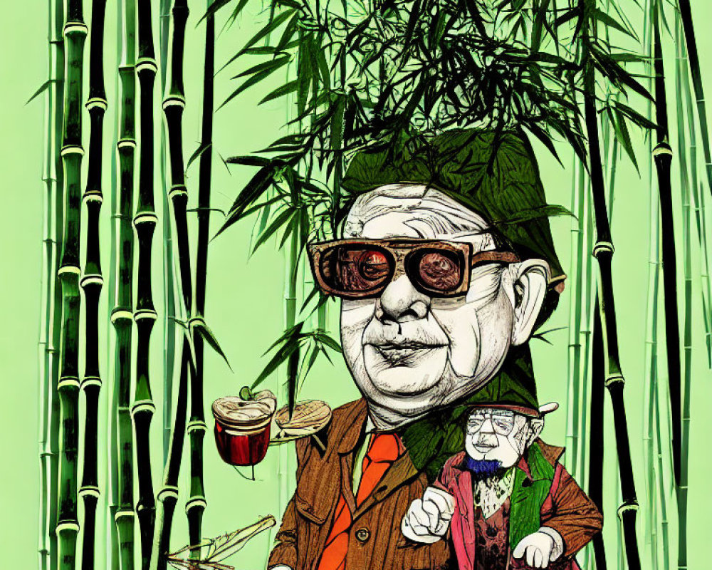 Stylish man with sunglasses in green bamboo forest holding a drink