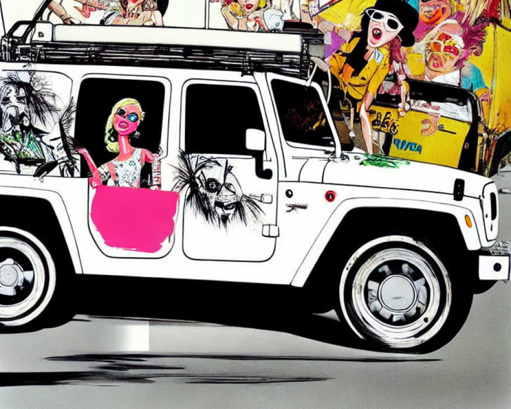 Colorful animated characters in a white jeep with surfboards and luggage, on a beach road trip