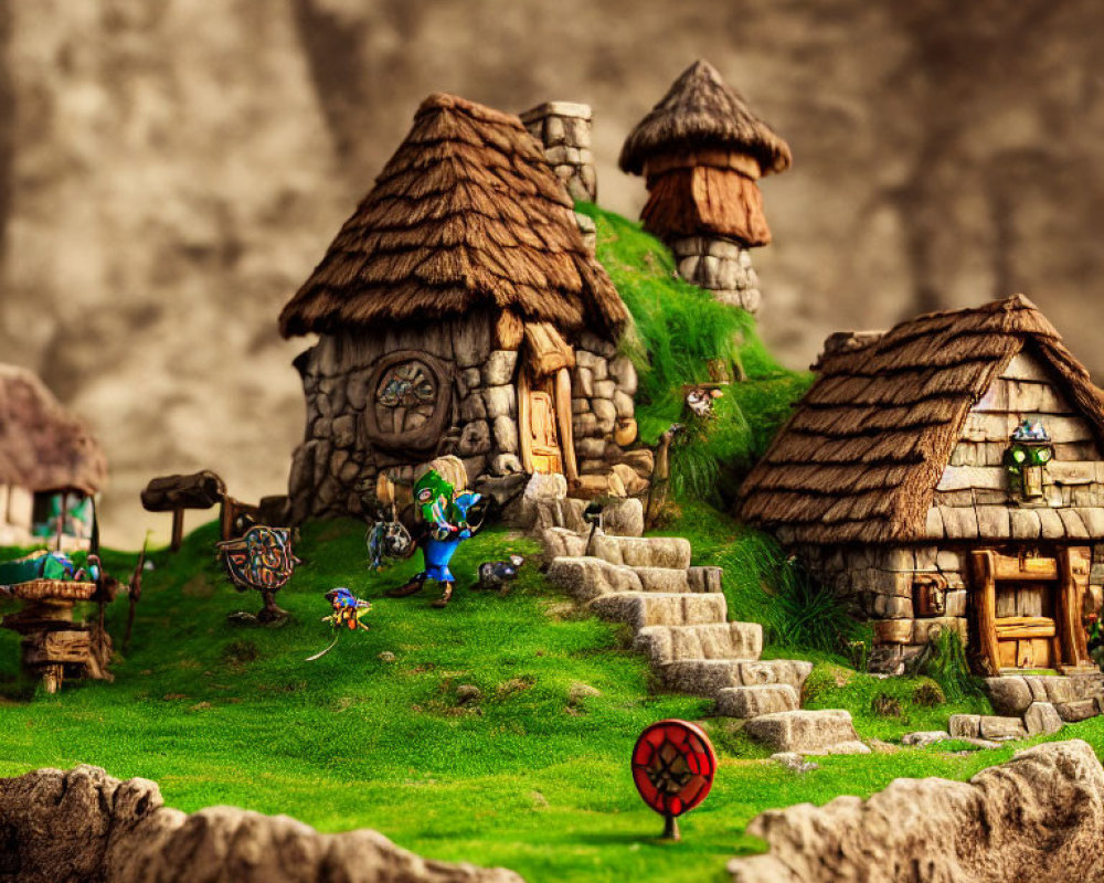 Detailed Miniature Fantasy Village with Knights and Lush Greenery