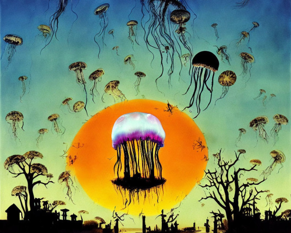 Colorful Jellyfish Artwork with Twilight Sky and Silhouetted Figures