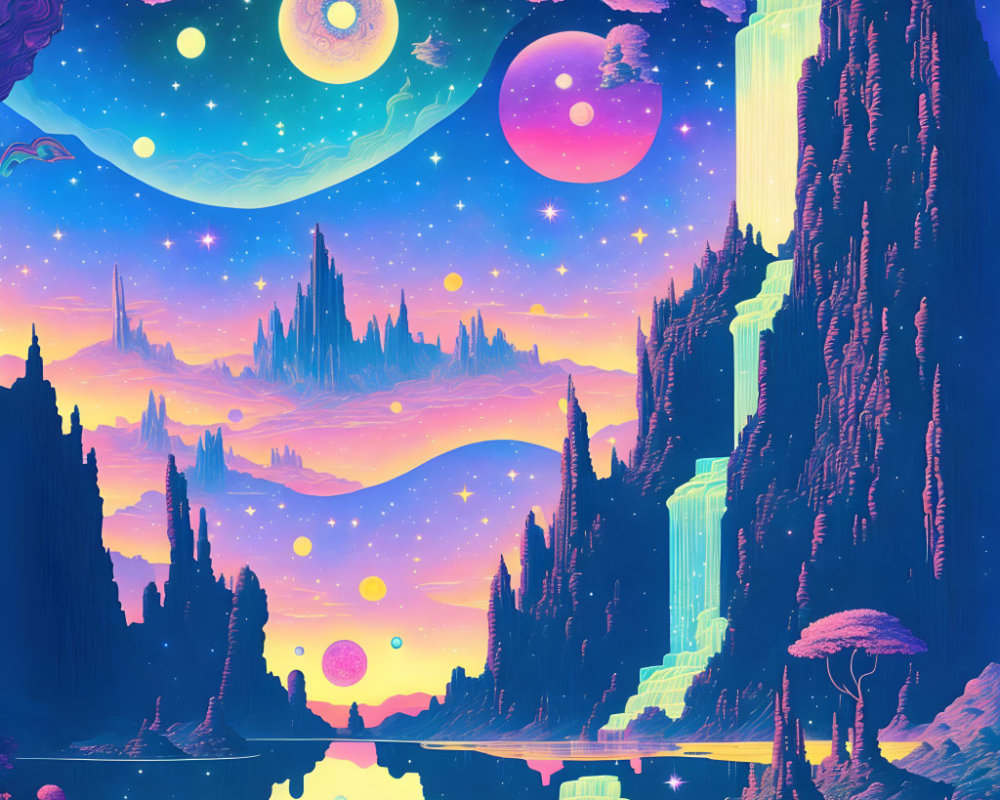 Colorful Fantasy Landscape with Celestial Bodies and Reflective Water