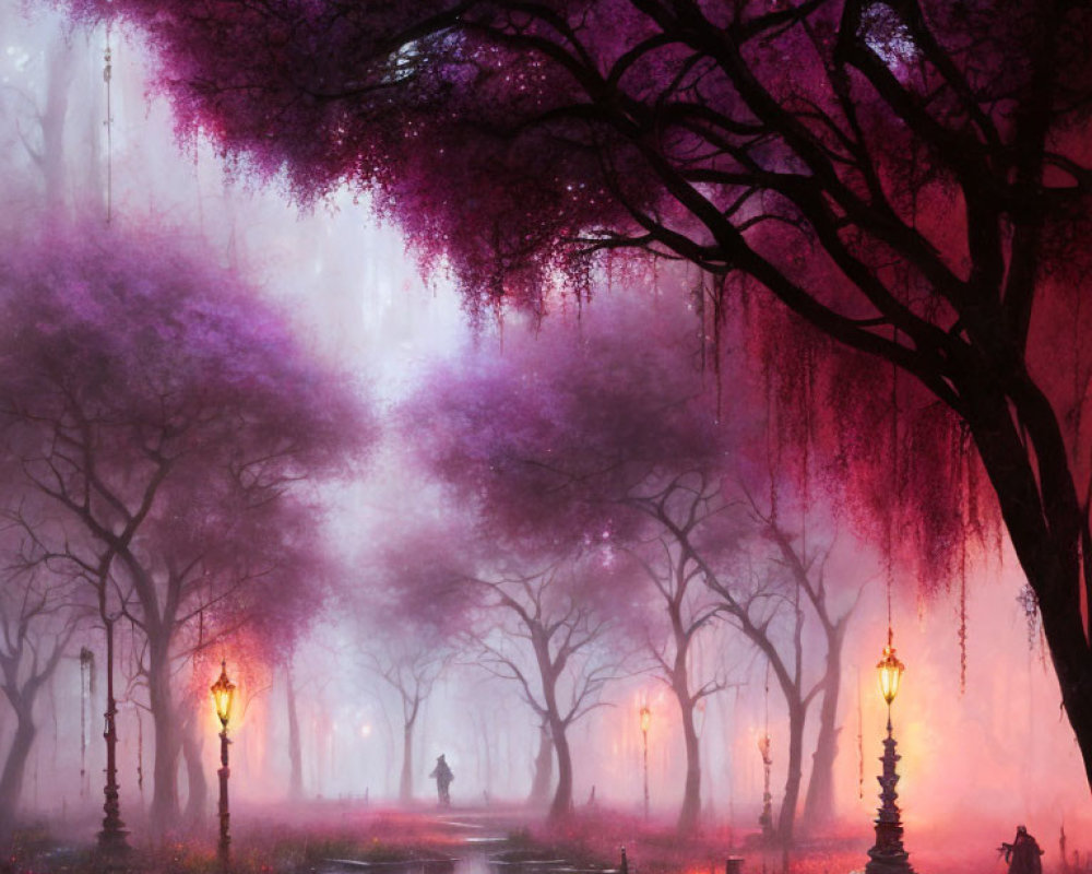 Mystical purple-tinted park with fog, bare trees, glowing lamps, and lone figure