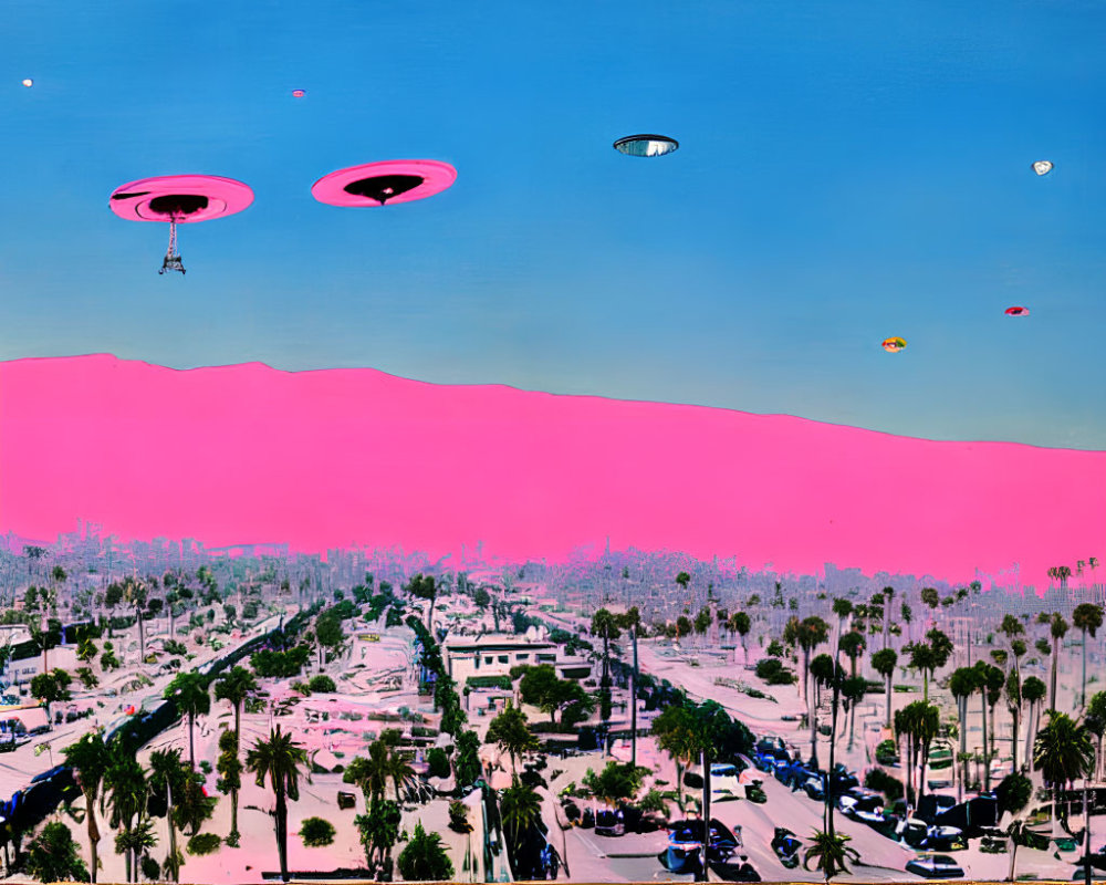 Colorful urban landscape with flying saucers and blimp under pink sky
