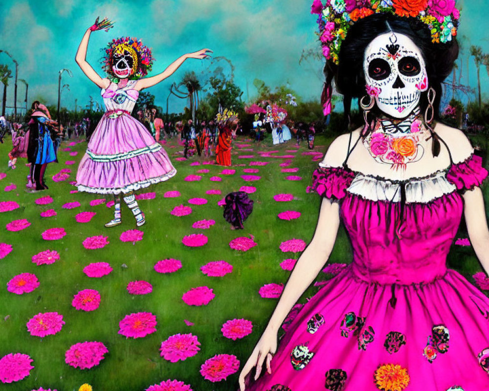 Colorful Day of the Dead celebration with dancing figures in traditional attire among pink flowers