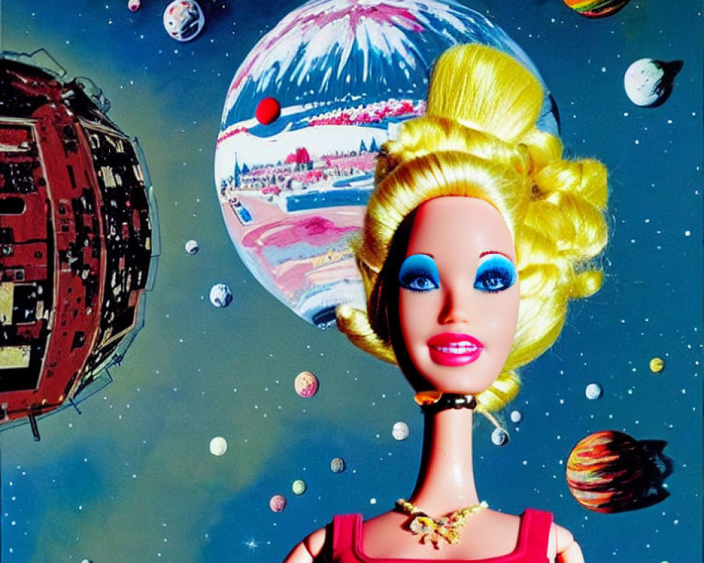 Exaggerated Makeup Doll in Colorful Space Scene