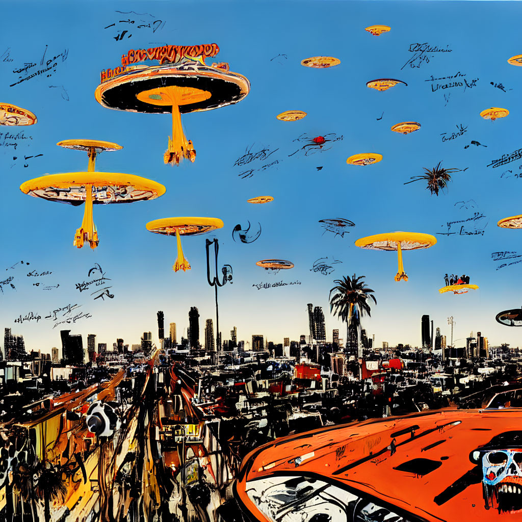 Colorful comic-style cityscape with flying saucers and airborne objects in blue sky