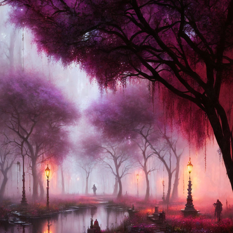 Mystical purple-tinted park with fog, bare trees, glowing lamps, and lone figure