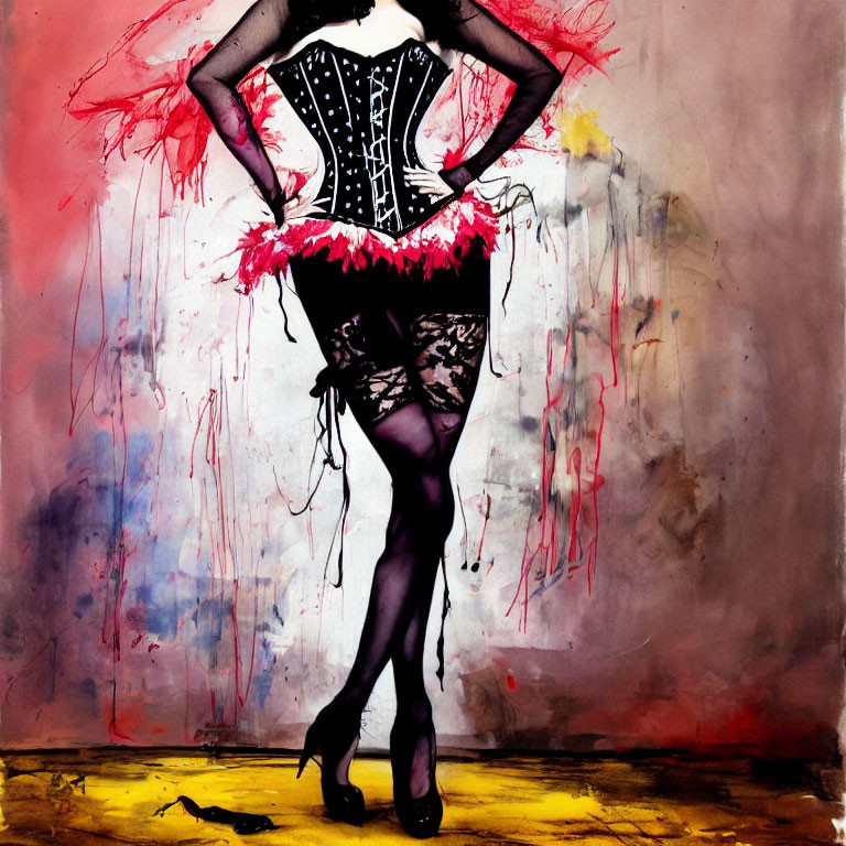 Person in Black Corset with Pink Feathers and Lace Details against Paint Splatter Backdrop