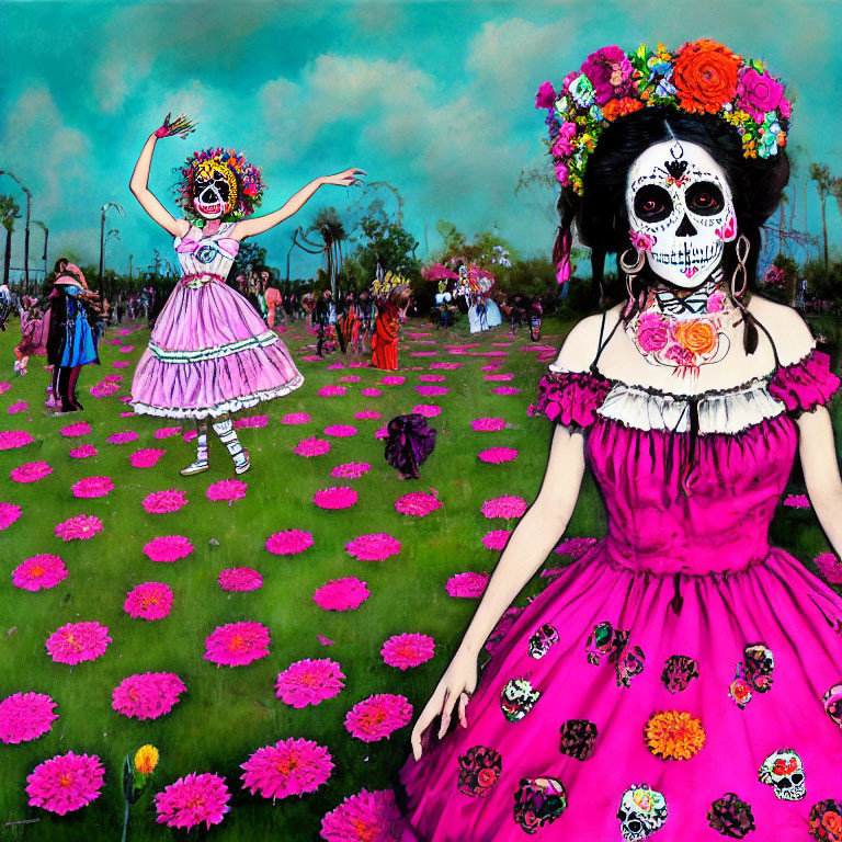 Colorful Day of the Dead celebration with dancing figures in traditional attire among pink flowers