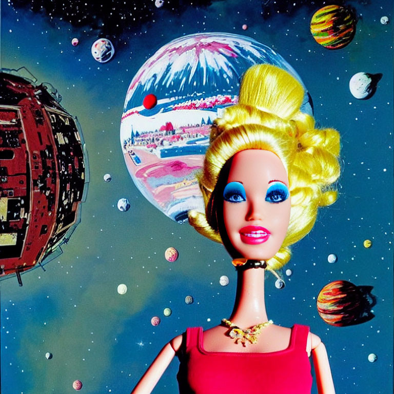 Exaggerated Makeup Doll in Colorful Space Scene