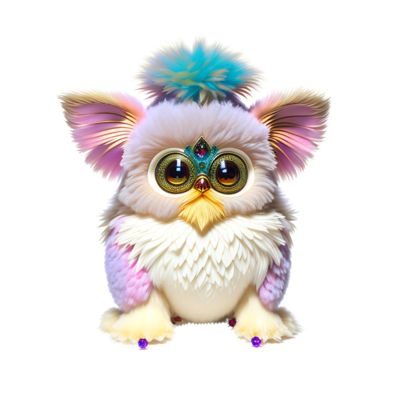 Colorful fluffy creature with large eyes and feathered wings
