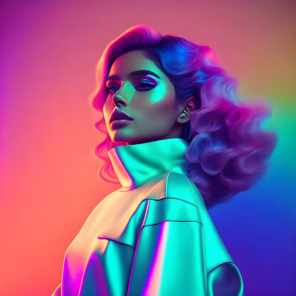 Vibrant neon pink and blue lights illuminate a stylized portrait of a woman with voluminous hair