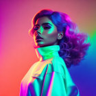 Vibrant neon pink and blue lights illuminate a stylized portrait of a woman with voluminous hair