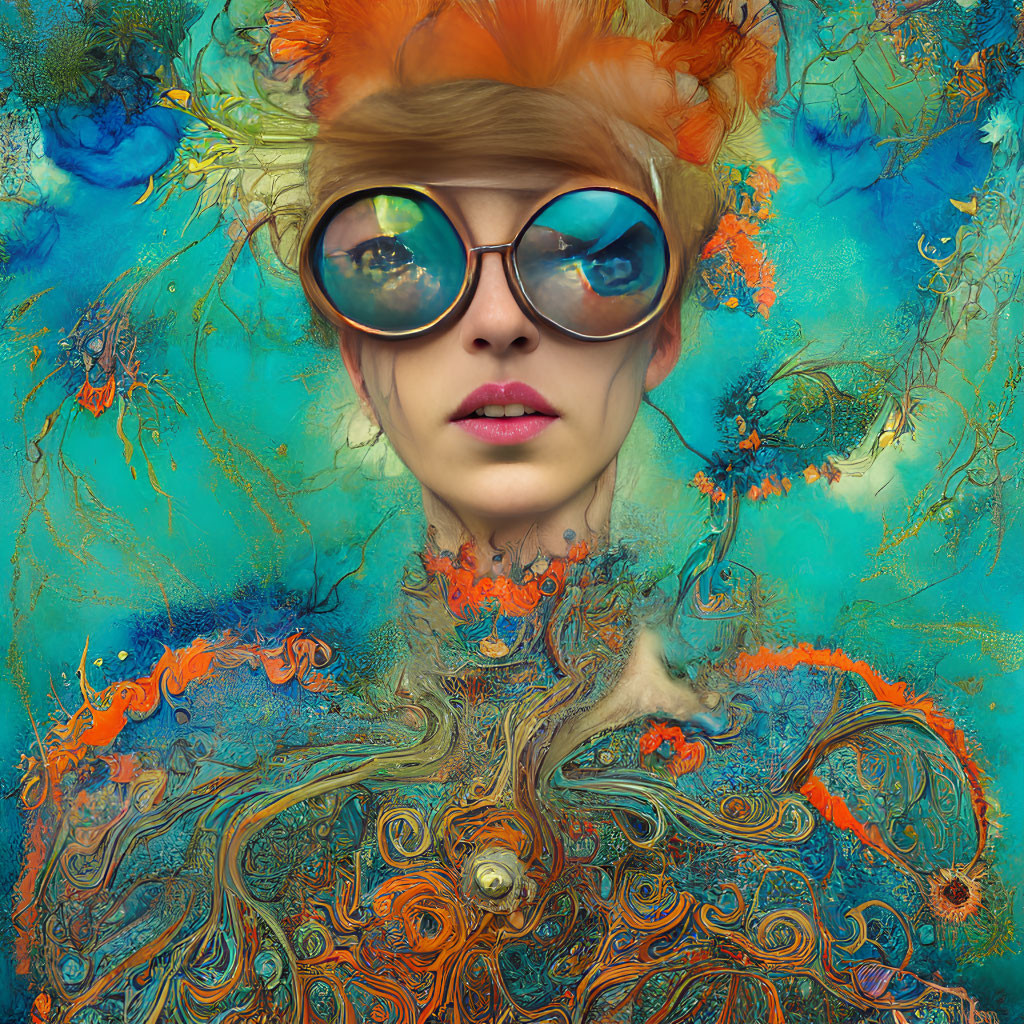 Abstract portrait with round sunglasses in vibrant blue and orange patterns