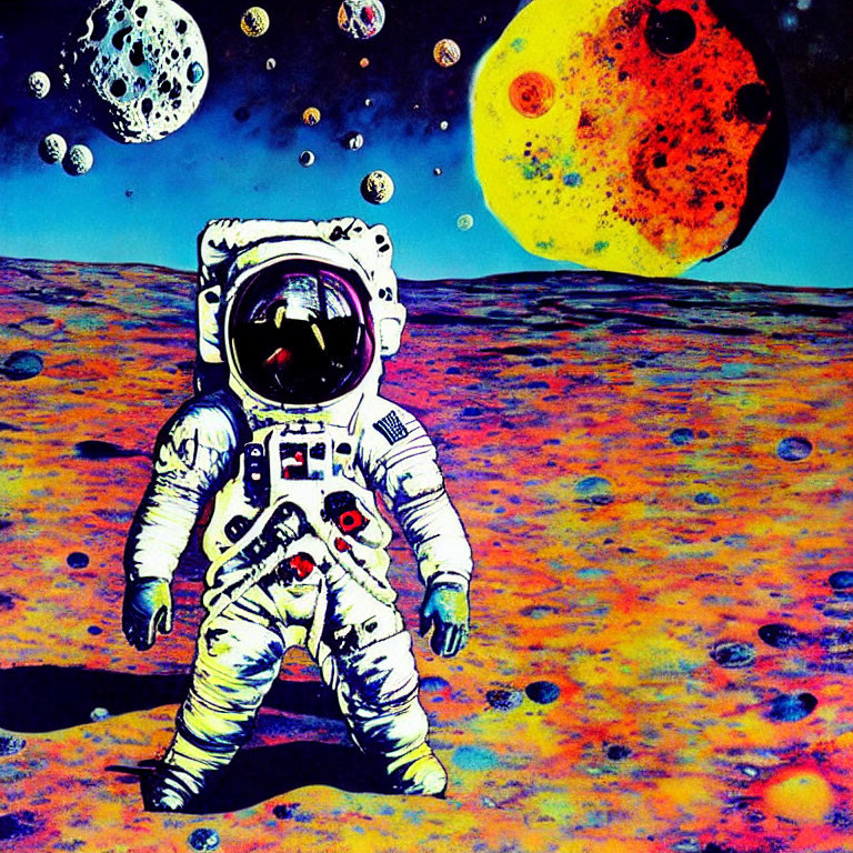 Astronaut in white space suit on colorful, cratered surface
