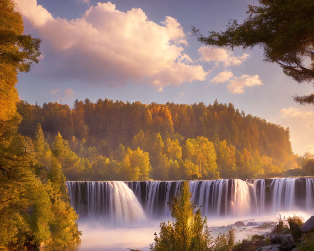Tranquil waterfall in autumn forest with misty river