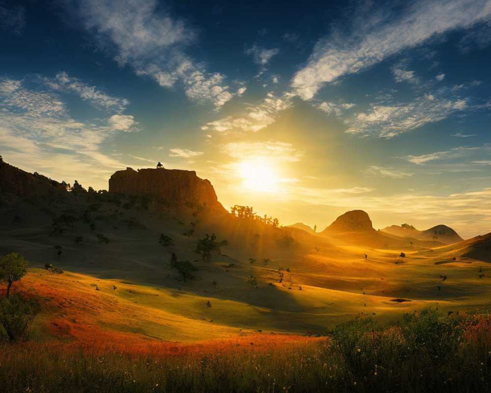 Scenic sunrise landscape with rolling hills and trees