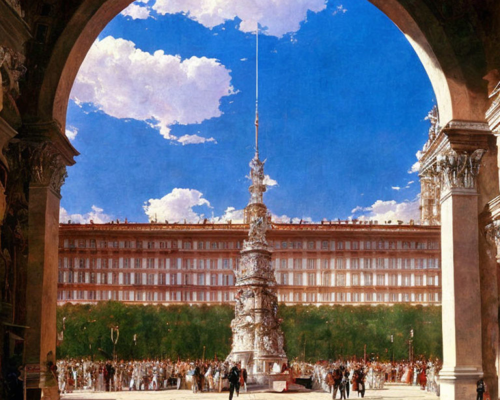 Vibrant square scene with people around ornate column under blue sky
