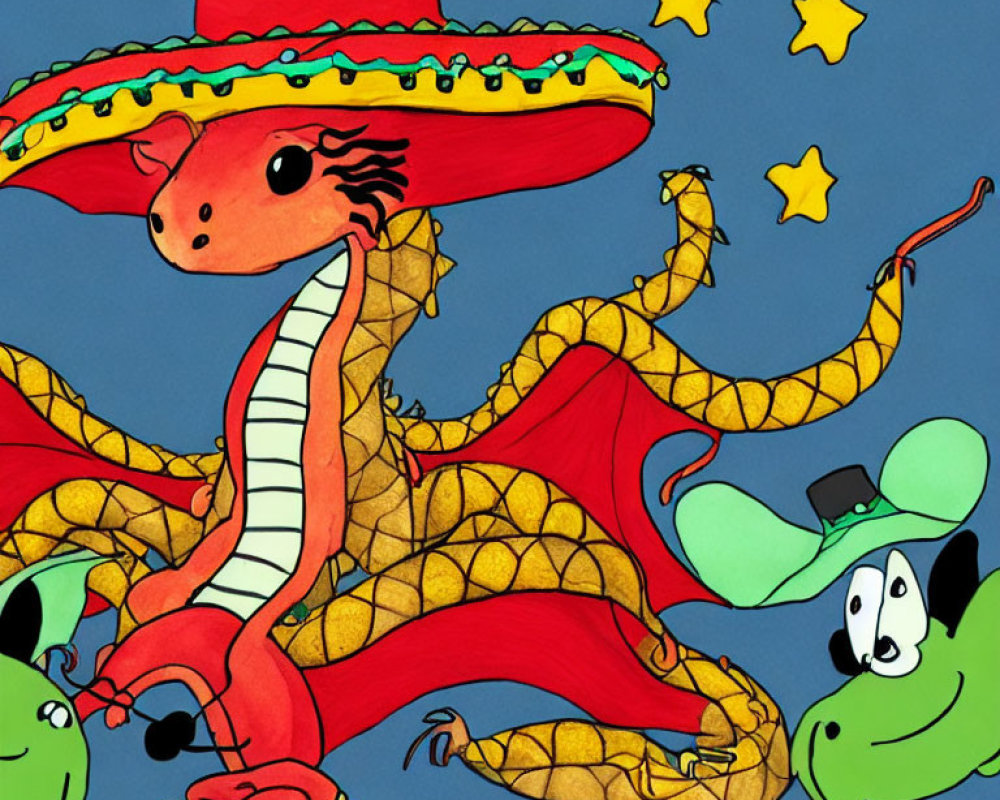 Red Dragon in Sombrero Surrounded by Serpents in Hats on Blue Background