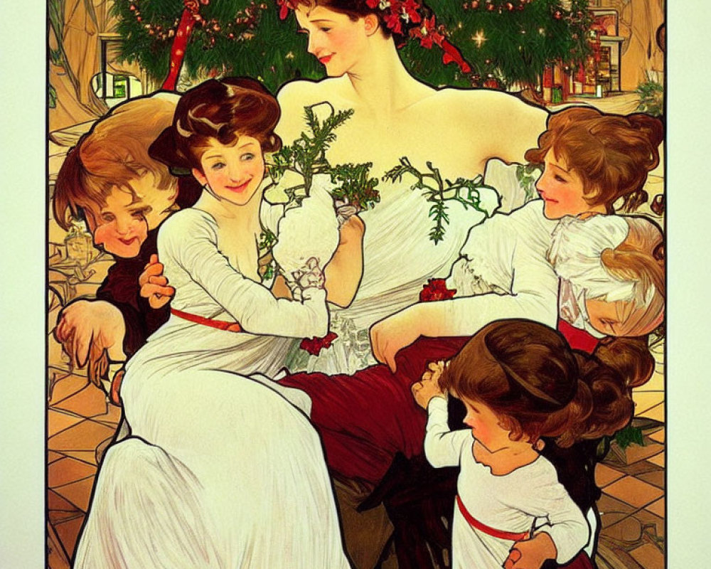 Vintage Christmas illustration: Woman in white dress with children, festive decor.