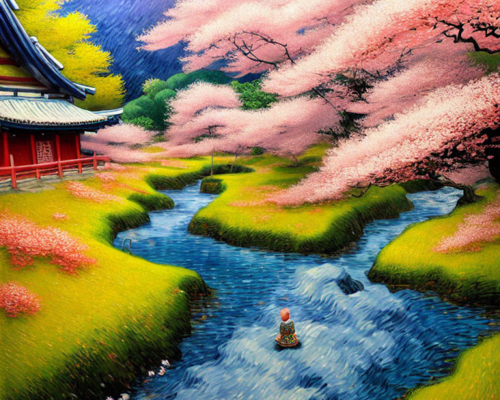 Colorful painting: Person in boat on river with cherry blossoms, traditional architecture, mountains.