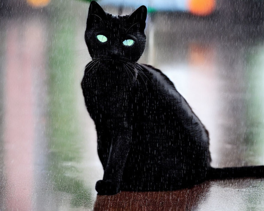 Black cat with green eyes in rain with colorful umbrella