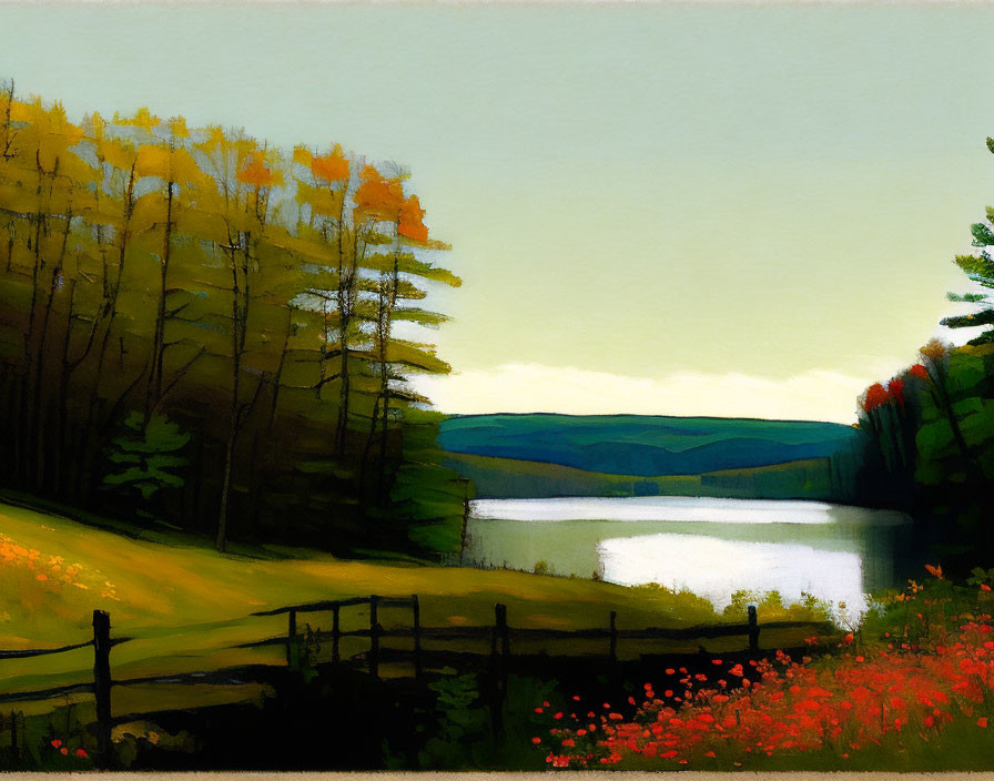 Tranquil landscape painting of serene lake with autumn trees and wooden fence