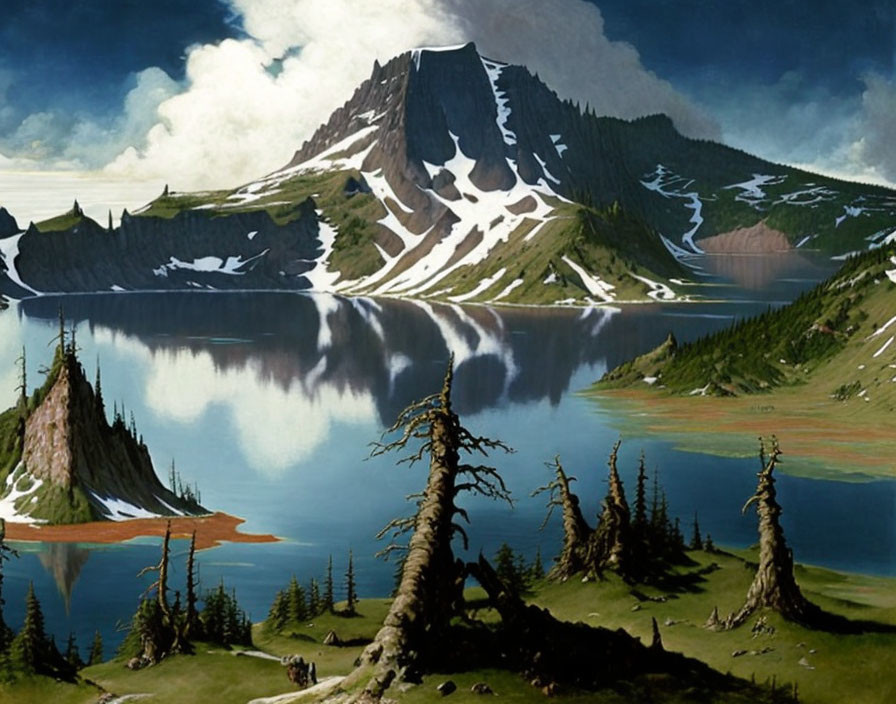 Tranquil mountain lake scene with evergreens, snow patches, and clear blue sky