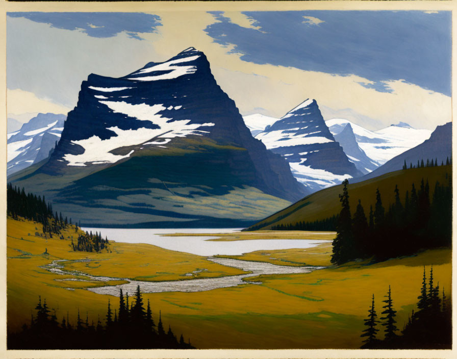 Snow-Capped Mountains Landscape Painting with River and Meadow