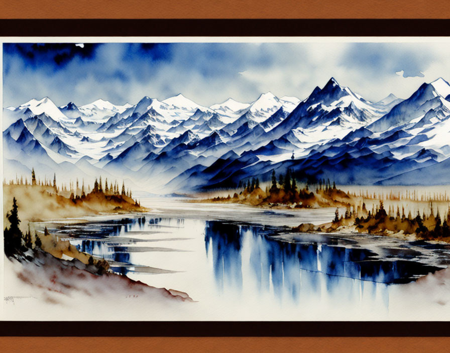 Serene Watercolor Painting of Blue Mountains and River
