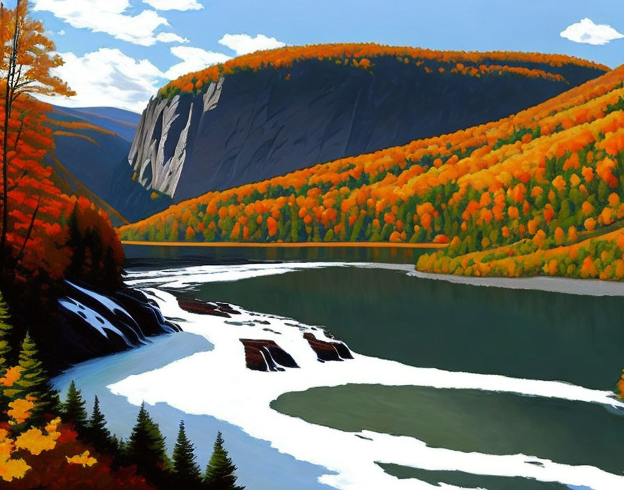 Colorful Autumn Landscape with River and Cliff